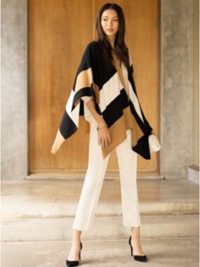 Parrish LA Rachel Zoe Curateur Colorblock Wrap Poncho Black & Camel